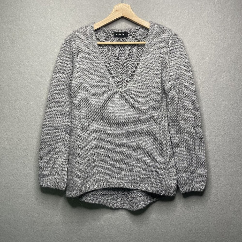 V-Neck Gray Knit Sweater With Lace Back Design By Vitrin  Wool & Acrylic Blend S